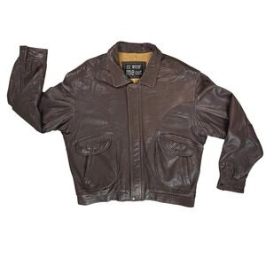 Vtg Mens Brown Leather Bomber Jacket XL Slouchy Quilted Lining Grunge 80s READ